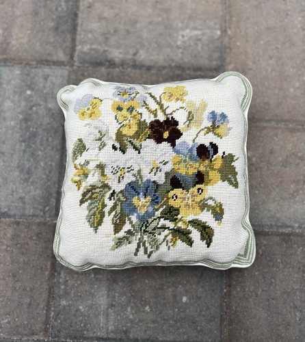Vintage Needlepoint Pansy Pillow Hand-Stitched Floral Cottage Core Decor | ~12"