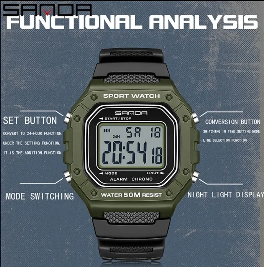 Military Watch Styled On Casio Digital-Upcoming Sanda Brand Green Free Delivery - Image 2 of 4