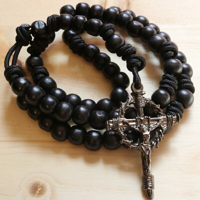 Rosary All Black Paracord Wood Cord Pray Wearable Rope Catholic Rosario