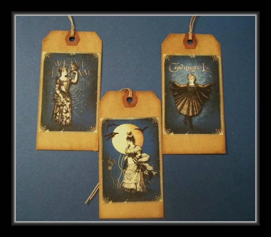 SET OF NINE GOTHIC WITCHES HANG TAGS - PRIMITIVE HALLOWEEN DESIGN - NEW - Image 3 of 4