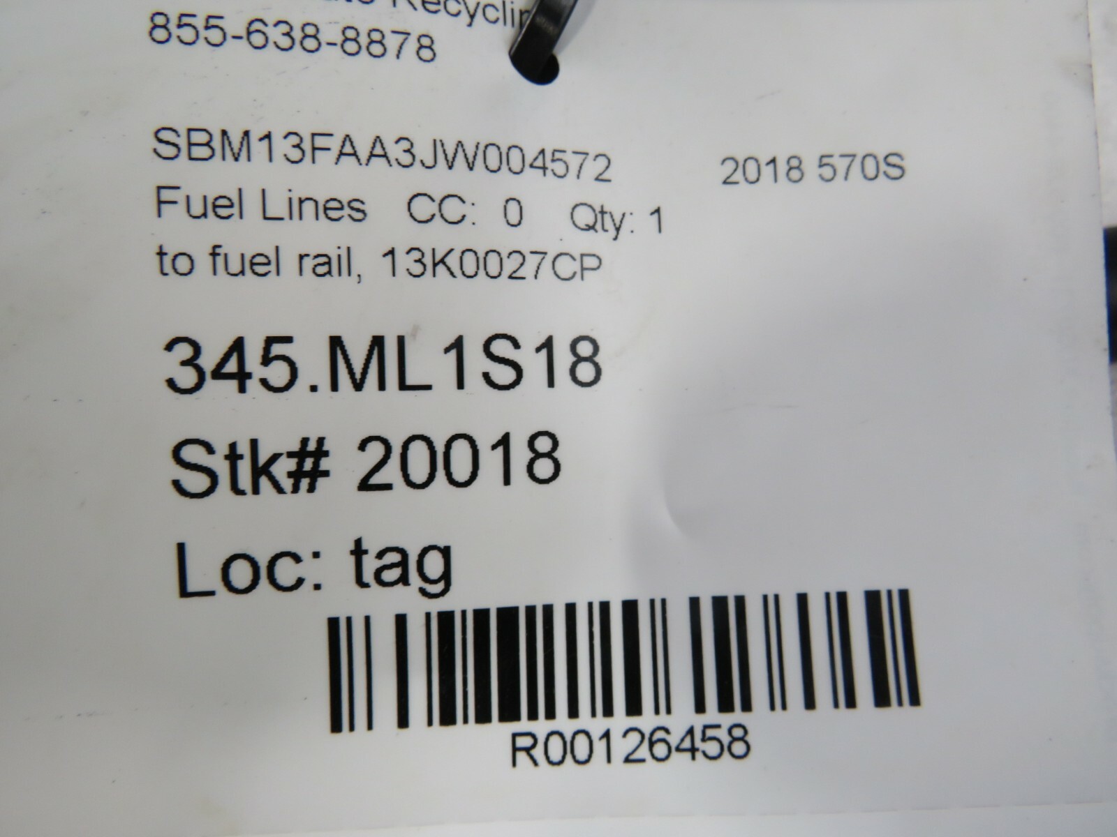 McLaren 570S, Fuel Line, Used, P/N 13K0027CP