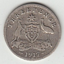 1917 AUSTRALIA GEORGE V  THREEPENCE 3 PENCE, .925 SILVER KM# 24