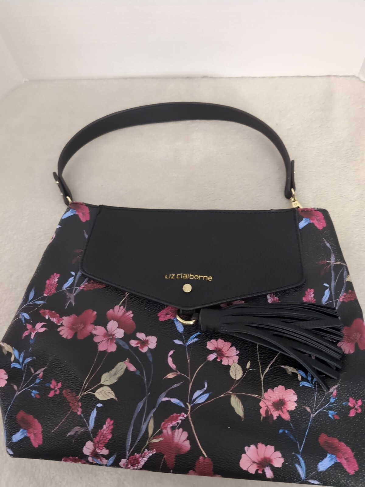 Liz Claiborne Pebble Faux Leather Floral and Black Shoulder Handbag