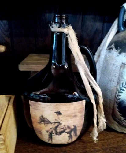 Hand Crafted Western Decorated Large One-Handled Amber Wine Bottle