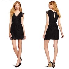 Joie Lebanon Black Lace Lined V-Neck Dress Scalloped Eyelash Trim Size XS