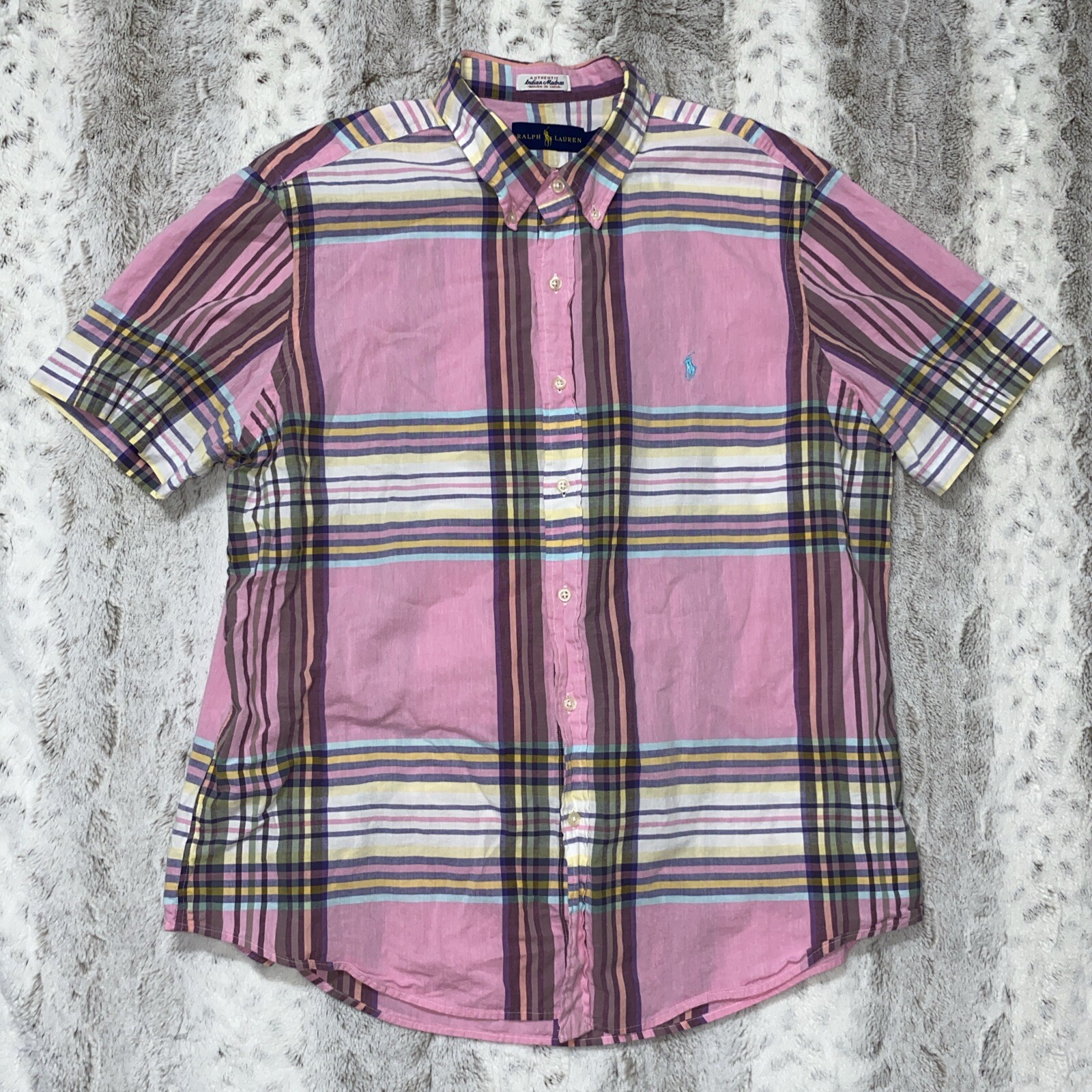 VTG Polo Ralph Lauren Shirt Mens Large XL Indian Madras Plaid 90s