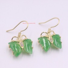 New Yellow GP with Green Jade Butterfly Hook Dangle Earrings 27mm L