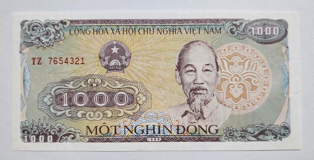 Viet Nam 1988 / 1,000 Dong Descending Ladder Serial number 7654321 Gem UNC
