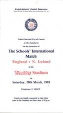 TABLE PLAN & GUEST LIST for England v Northern Ireland (Boys @ Wembley) 1981