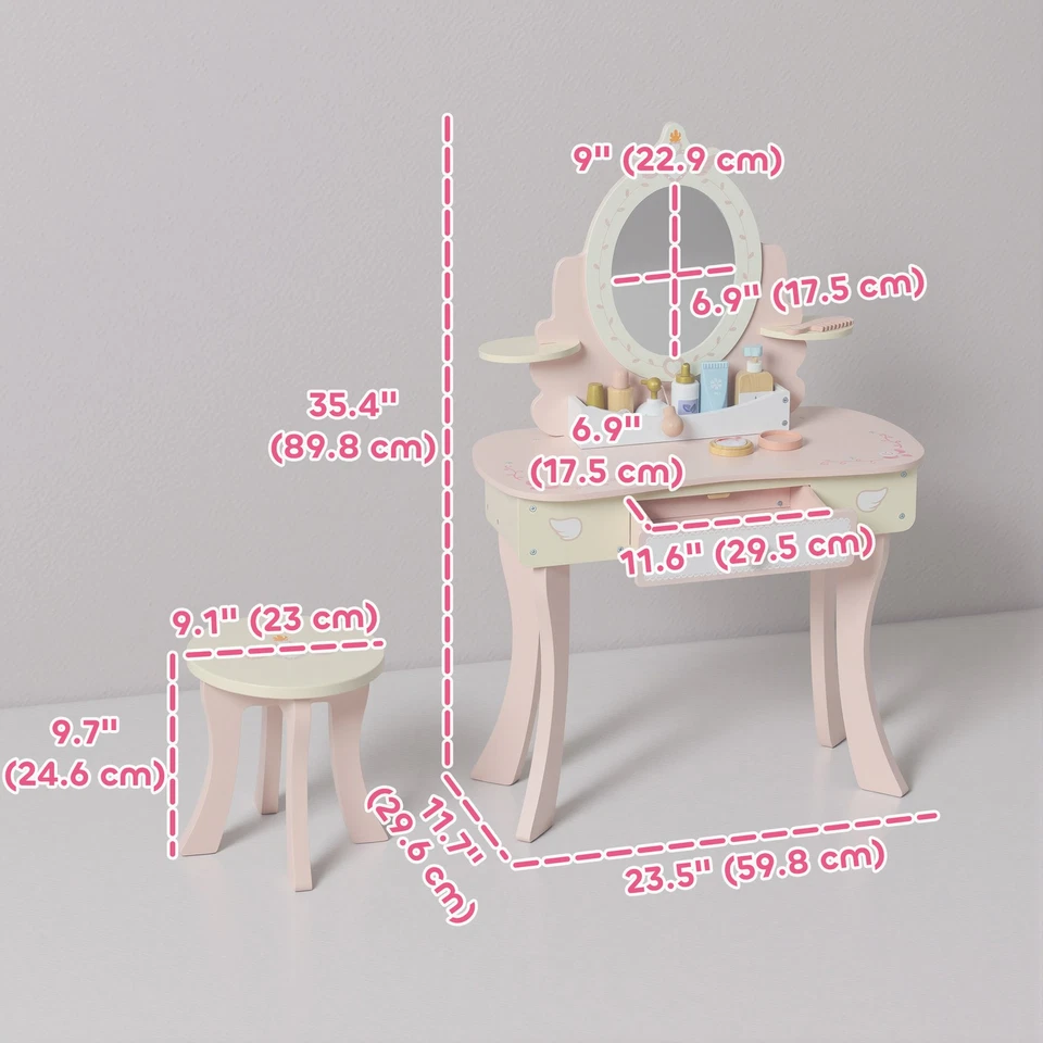 Qaba Kids Vanity Set, Dressing Table with Mirror and Stool, 7 Accessories Foto 2 de 4