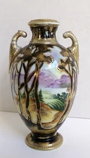 Antique Nippon Hand-Painted Nature Scene Gilded Porcelain Vase Japan, 6.8"Height