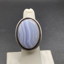 Designer Sterling Silver Large Blue Lace Agate Ring - Size 7