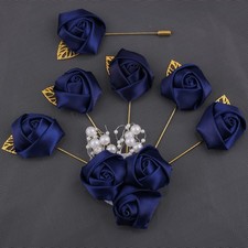 7 PCS Artificial Rose Corsages With Pin Boutonniere For Men Suits Navy Blue