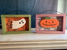 Pair Wooden 3D Halloween signs Ghost Pumpkin Cute Decor