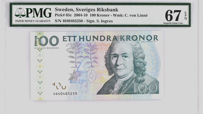2004 - 10 BANKNOTE 100 KRONOR SWEDEN -  PMG 67