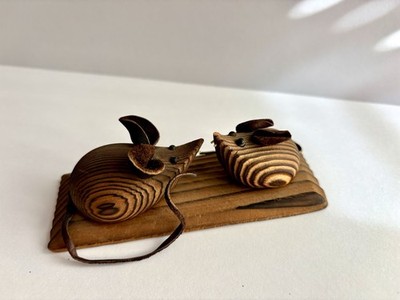 MCM Cryptomeria 2 Mice On Wood Base Figurine Sculpture Leather Ears Tails 4.75 