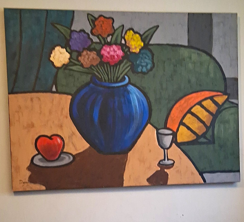 Signed Modern Still Life Painting Flowers Blue Vase & Fruit, Unframed