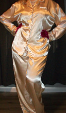 Vtg Yellow Satin Lounge Pants Night Shirt Top Pajamas L