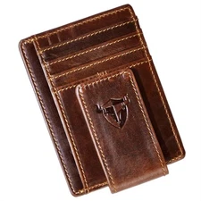 RFID Genuine Leather Slim Money Clip Wallet – Front Pocket Card Holder - Brown