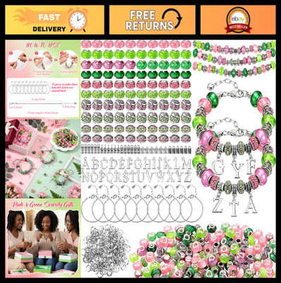 237 Pcs DIY Sorority Gifts for Women, Pink & Green Bracelet Making Kit, Greek Ch