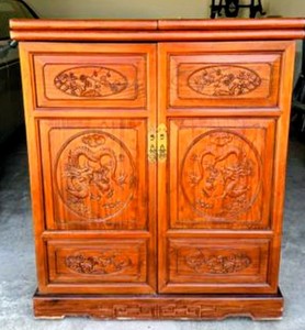 Chinese Carved Wood Cabinet with Brass Lock and Wine Storage, Brown