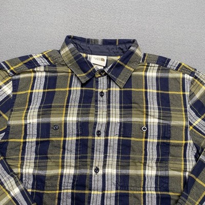 North Face Shirt Mens Large Blue Yellow Plaid Flannel Long Sleeve Double Pocket