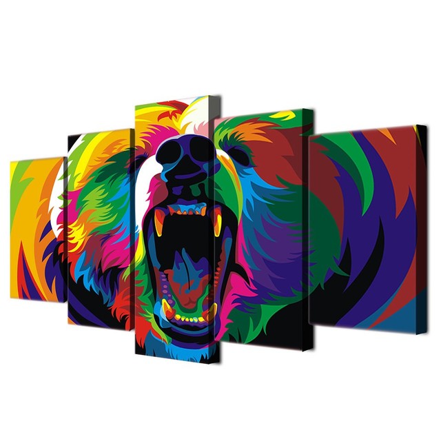 Psychedelic Angry Bear Animal Head Painting 5 Panel Canvas Print Wall