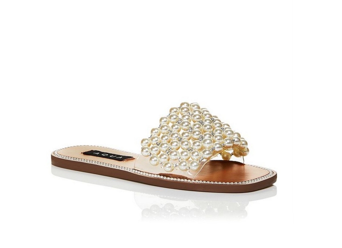 AQUA Steve Madden Women's Bride Beaded Pearl Flat Slide Sandals