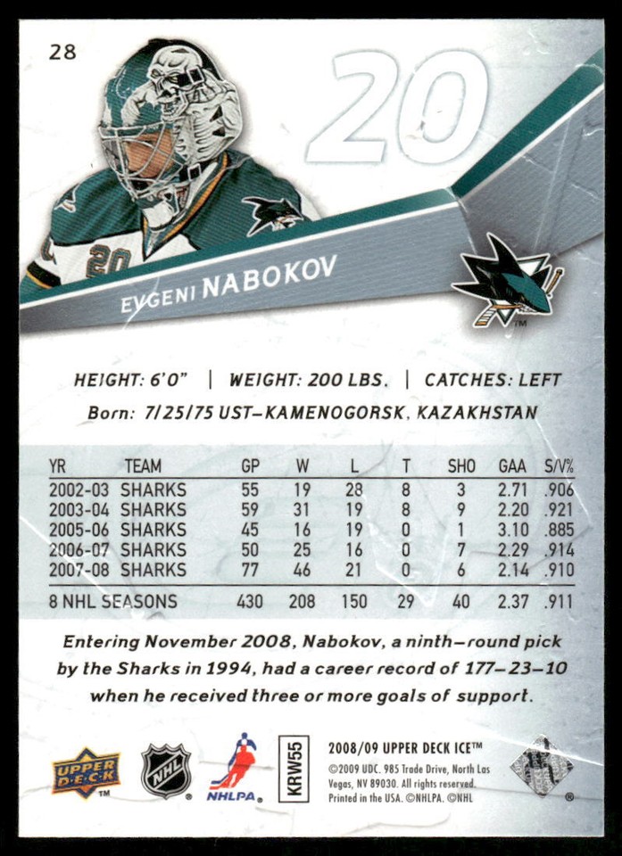200809 Upper Deck Ice Evgeni Nabokov 28 San Jose Sharks eBay
