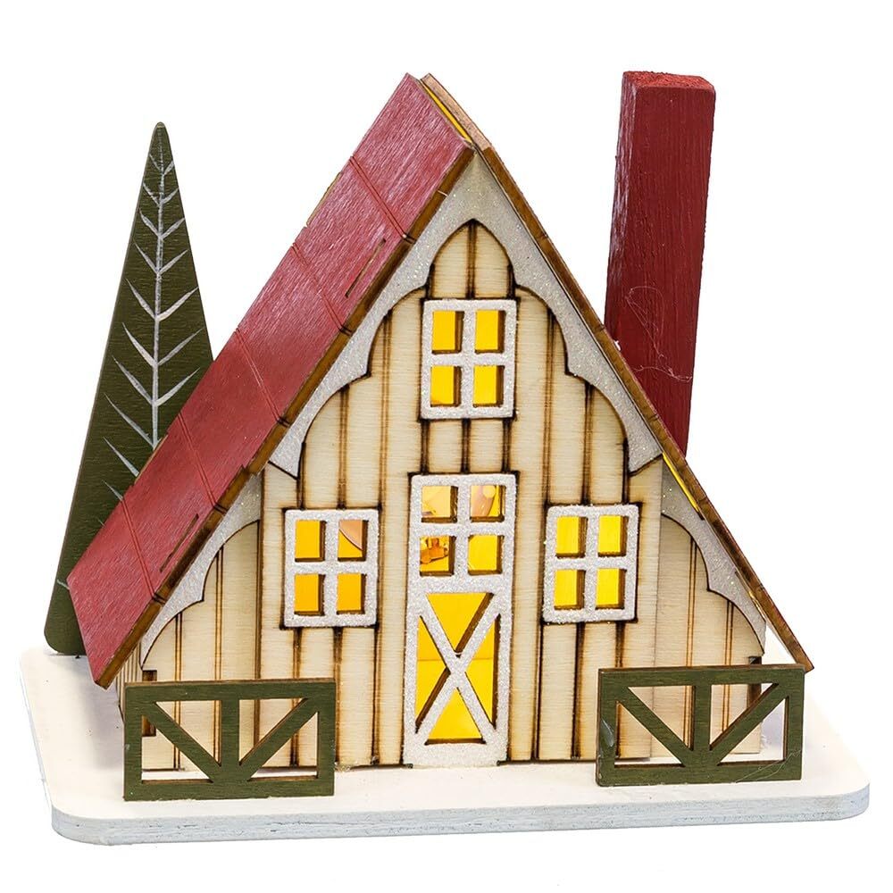 LOLAhome Christmas House with Red and Natural Wood Tree with Light 14 x 9 x 14 c