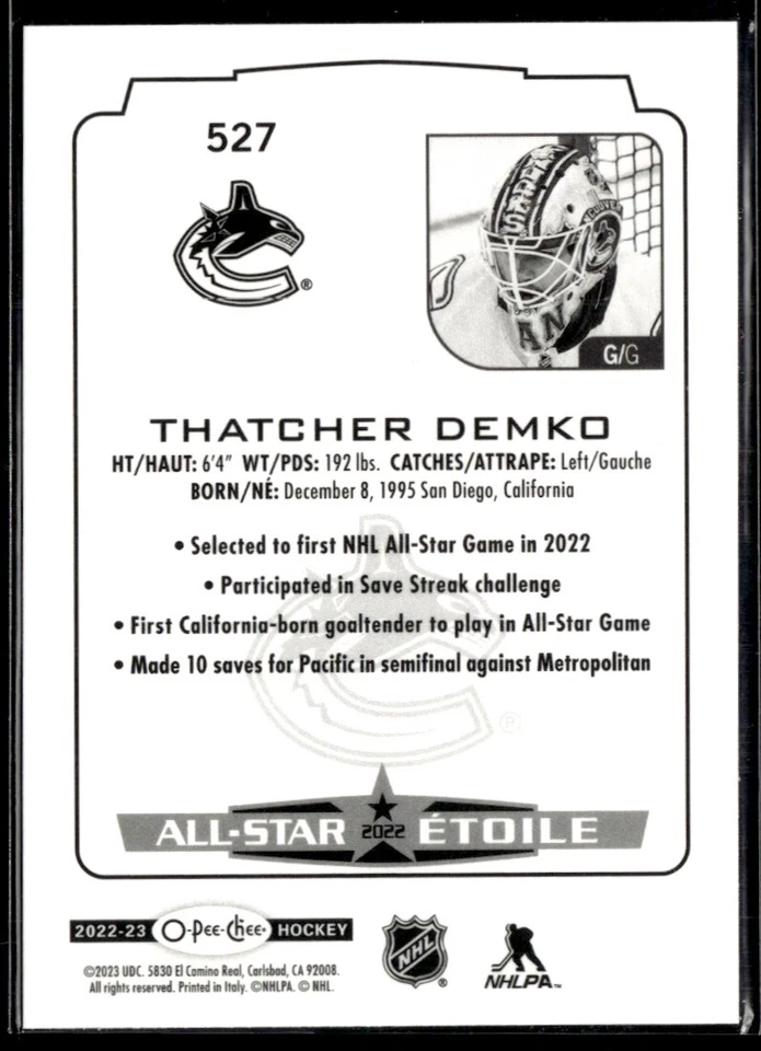 2022-23 O-Pee-Chee Thatcher Demko #527 H8R1H - Image 2 of 2