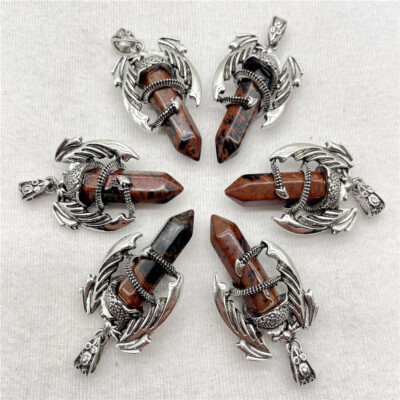 20pc Natural Golden Swan Stone Alloy Flying Dragon Hexagonal Prism Pendants DIY