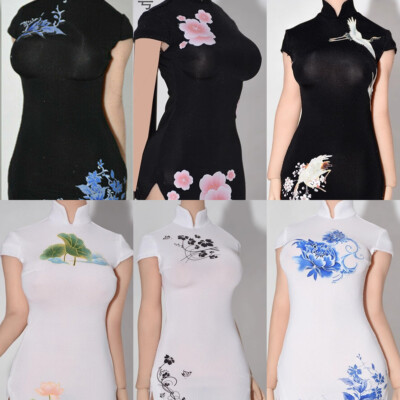 1:6 Scale Peony Black Cheongsam Dress Skirt Clothes for 12'' Female Figure Body