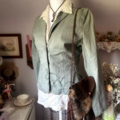 Y2K Route 66 Women's Green Cotton Button Front Jacket Pockets Long Sleeve S