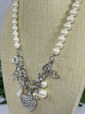 Statement RED HERRING Necklace Paris Theme Silver Tone Charm Faux Pearl Bead 248