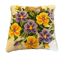 Cross Stitch Pillow Pansy Posy Completed