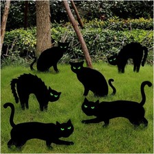 6PCS Halloween Black Cat Yard Signs with Glow in Dark Eyes Waterproof Lawn Decor