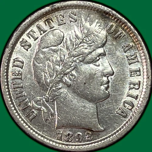 1892 Barber Dime Almost Uncirculated AU Coin, Faint Cleaning #36610