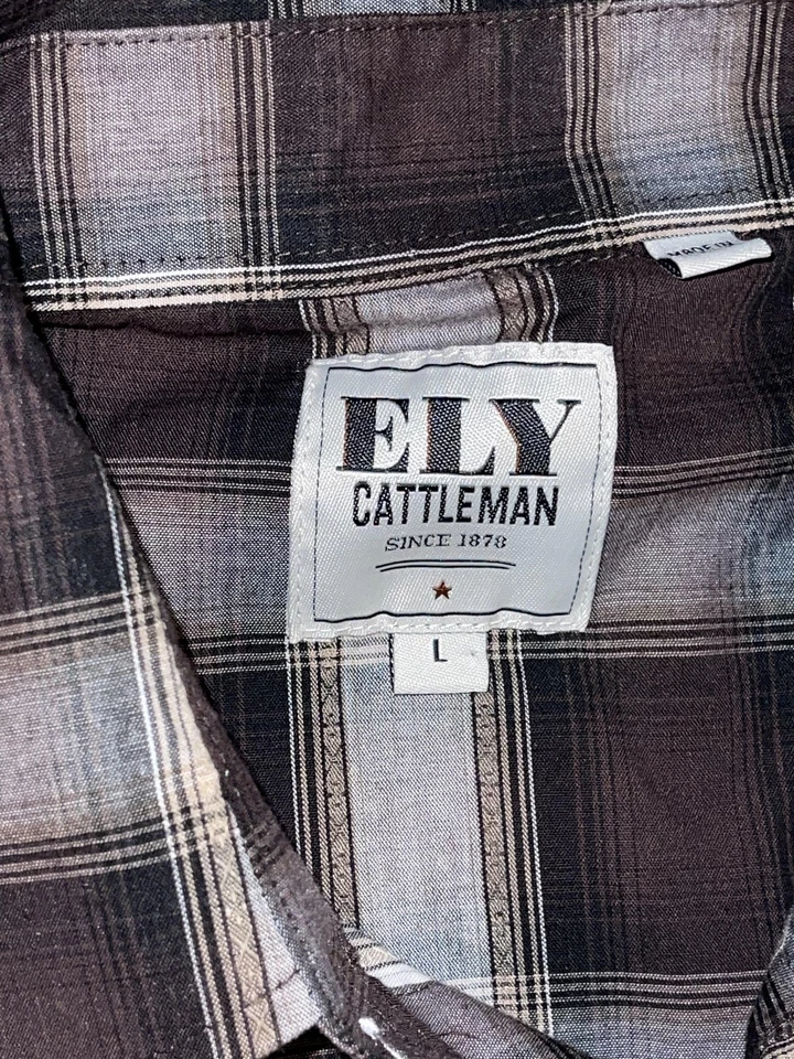 Camisa ELY Cattleman Para Hombres Grande Marrón Gris Cuadros Western Pearl Manga Larga a Presión Foto 3 de 4