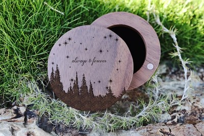 Brown Wooden Engraved Always and Forever Forest Pine Tree Star Wedding Ring Box