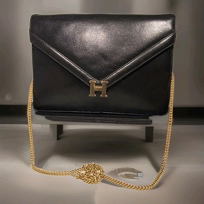 Vintage SUSAN GAIL Black Leather Envelope Crossbody Bag H Logo Gold Chain Strap