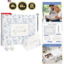 Blue Floral Wedding Guest Book Hardcover with Pen - 9x7 Inch 144 Pages Sign I...