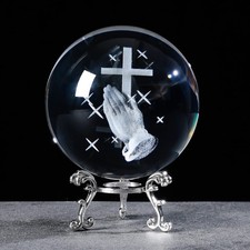 Ornalrist 3D Crystal Ball Engraved Praying in Hand with a Cross Prayer