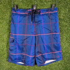 Ocean Pacific Mens Navy Blue Red Plaid Board Shorts Swim Trunks Medium 32-34