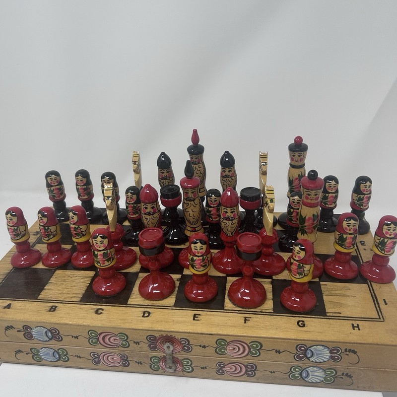 Rare Soviet Chess Set 1970s Hand Painted Vintage Wooden USSR Chess