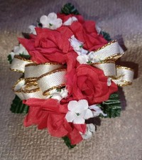 NEW 4" Long Artificial 5 Red Rose Wrist Corsage With Sparkly Gold Bow