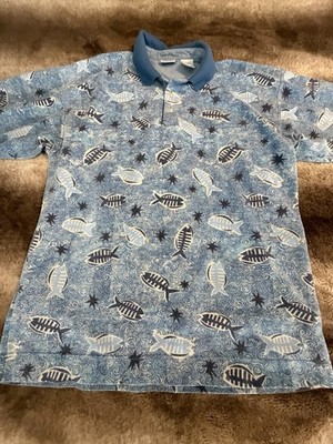 Vintage Bugle Boy Fish Print Polo Shirt Mens XL Blue All Over Pattern 90s