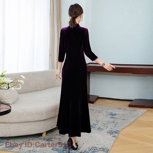 Women Chinese Fashion Floral Mandarin Collar Frog Button Long Qipao Dress - Picture 4 of 8