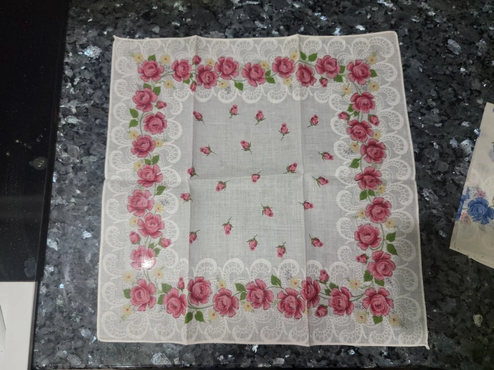 Vintage Set Of 2 Handkerchiefs For Ladies Roses With Lace Print Estate - Image 2 of 4
