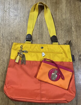 Mosey Nylon Tote Bag Multicolor + Cosmetic Wristlet Bag Pineapple+ Keychain